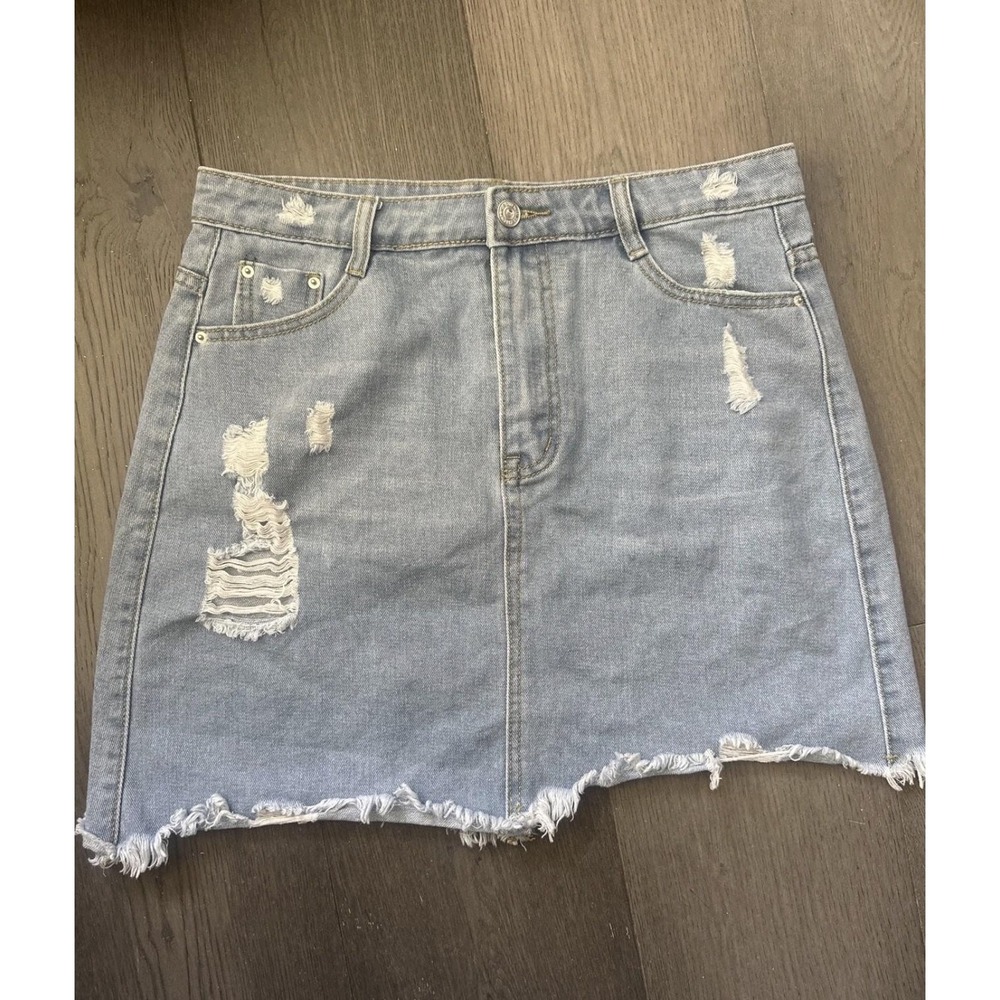 SHEIN Skirt Womens Large Blue Distressed Denim Raw Hem Mini Casual Frayed